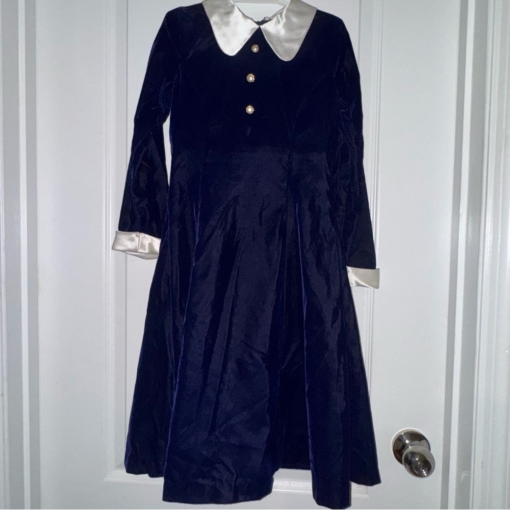 Sylvia Whyte II Girls Navy Blue Velvet Dress Peter Pan Collar Pearl Button Sz 7